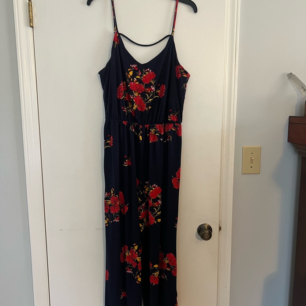 Xhilaration Navy Jumpsuit with Red and Yellow Floral Accents